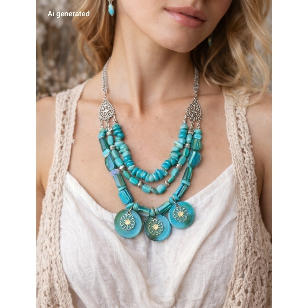NEW Blue Turquoise Multi Strand Tiered Statement Necklace, Boho, Southwestern